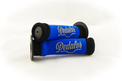 blue knit grip covers with black trim and the Pedaler logo embossed in silver