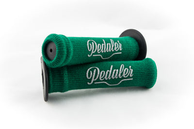 forest green knit grip covers with the Pedaler logo embossed in silver