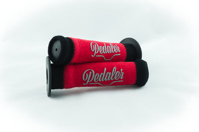 red knit grip covers with black trim and the Pedaler logo embossed in silver